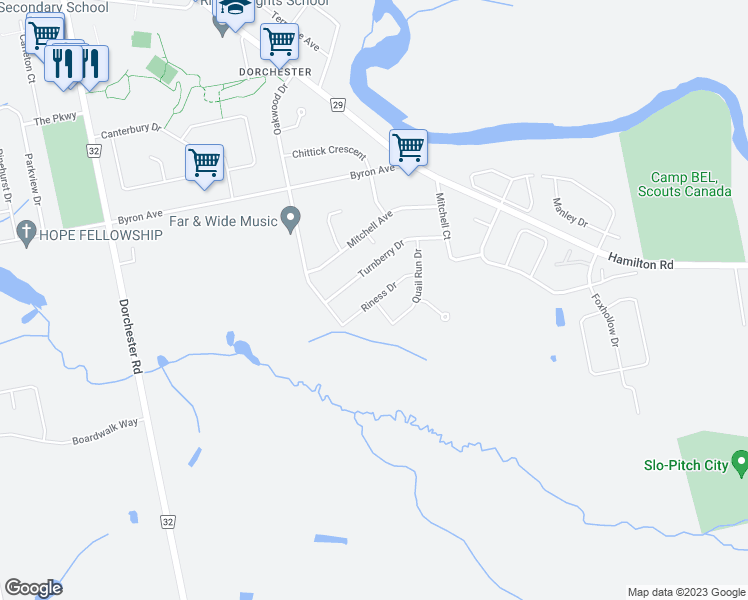 map of restaurants, bars, coffee shops, grocery stores, and more near 34 Riness Drive in Middlesex County