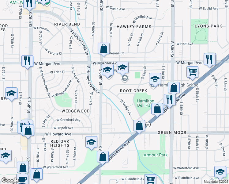 map of restaurants, bars, coffee shops, grocery stores, and more near 6614 West Dodge Place in Milwaukee