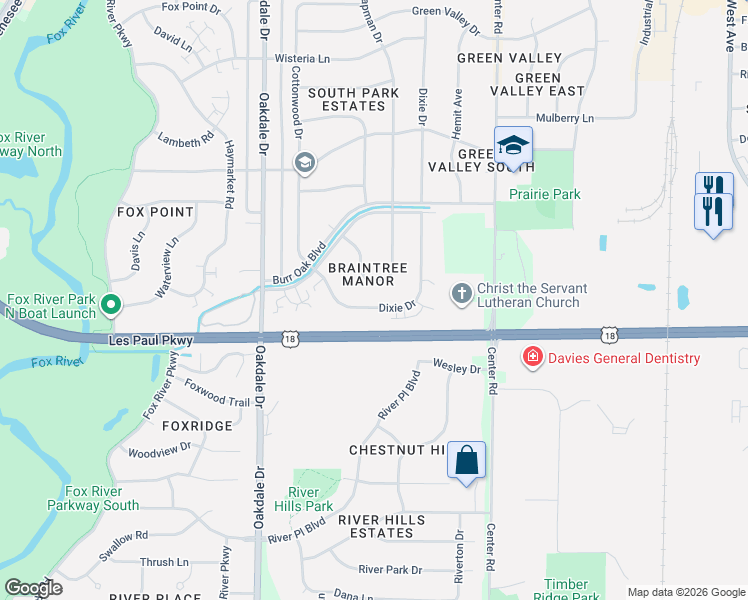map of restaurants, bars, coffee shops, grocery stores, and more near 2010 Dixie Drive in Waukesha