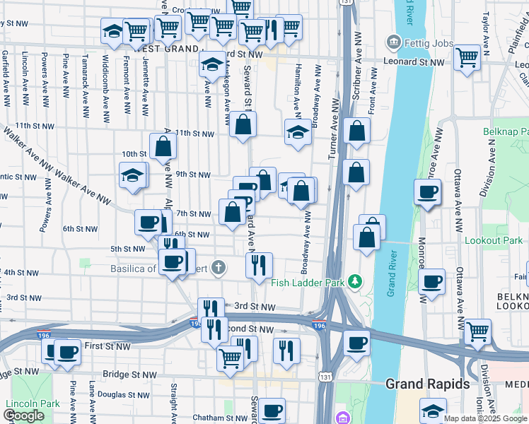 map of restaurants, bars, coffee shops, grocery stores, and more near 801 Broadway Avenue Northwest in Grand Rapids
