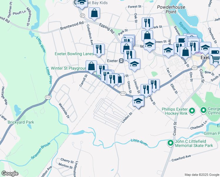 map of restaurants, bars, coffee shops, grocery stores, and more near 142 Front Street in Exeter