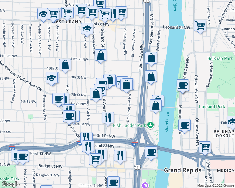 map of restaurants, bars, coffee shops, grocery stores, and more near 801 Broadway Avenue Northwest in Grand Rapids