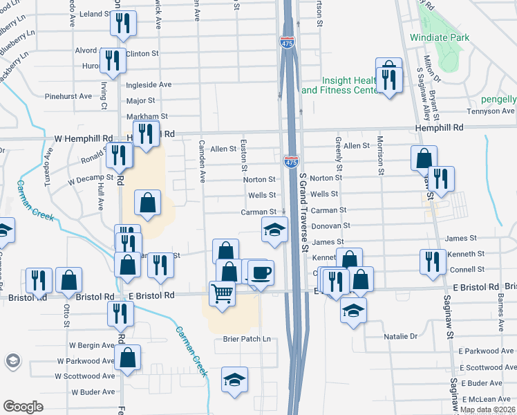map of restaurants, bars, coffee shops, grocery stores, and more near 1215 Carman Street in Burton