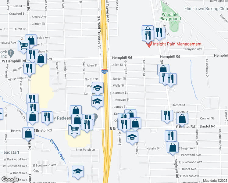 map of restaurants, bars, coffee shops, grocery stores, and more near 1319 Carman Street in Burton