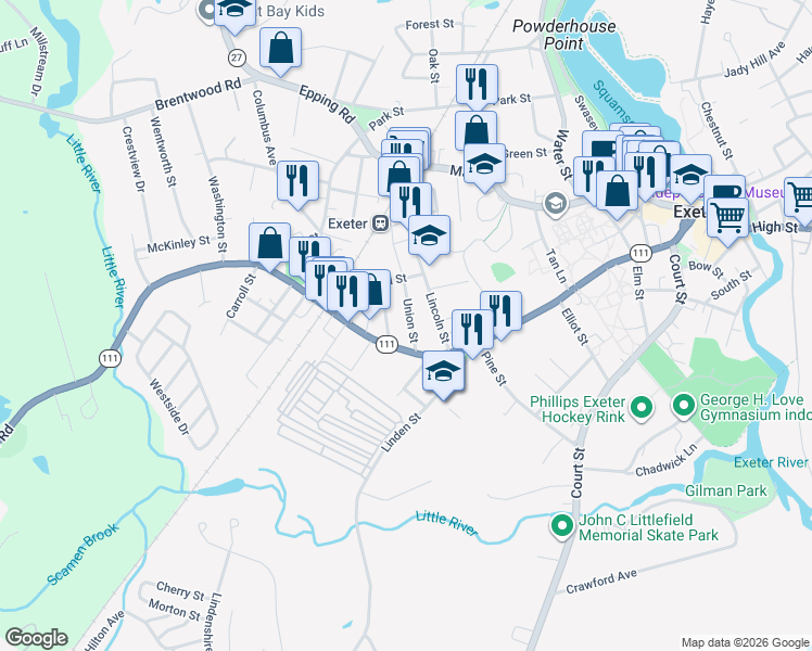 map of restaurants, bars, coffee shops, grocery stores, and more near 10 Union Street in Exeter