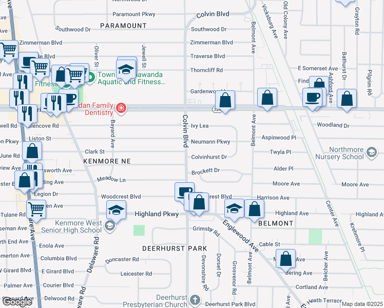 map of restaurants, bars, coffee shops, grocery stores, and more near 8 Colvinhurst Drive in Buffalo