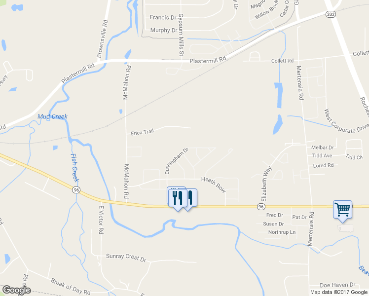 map of restaurants, bars, coffee shops, grocery stores, and more near 1132 Cunningham Dr in Victor