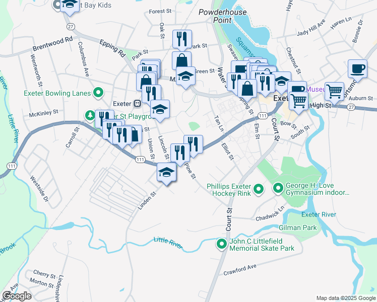 map of restaurants, bars, coffee shops, grocery stores, and more near 87 Front Street in Exeter
