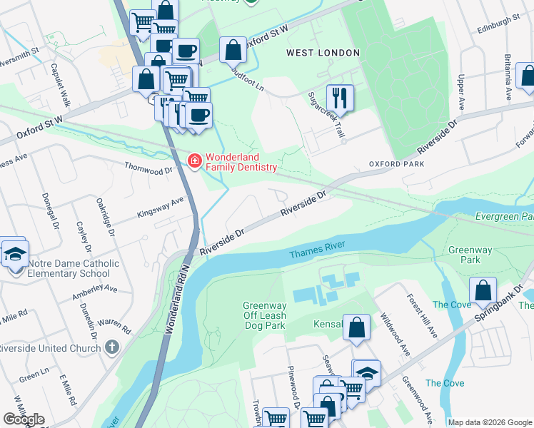 map of restaurants, bars, coffee shops, grocery stores, and more near 455 Riverside Drive in London