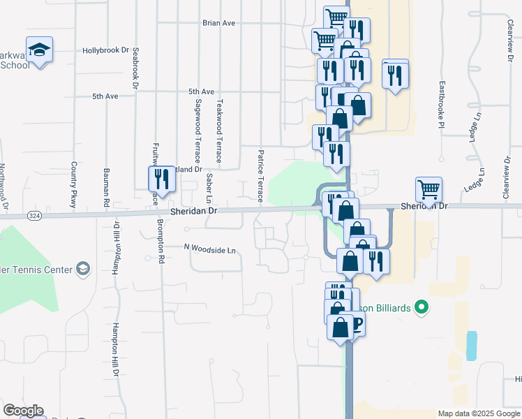 map of restaurants, bars, coffee shops, grocery stores, and more near Sheridan Drive & Patrice Terrace in Buffalo