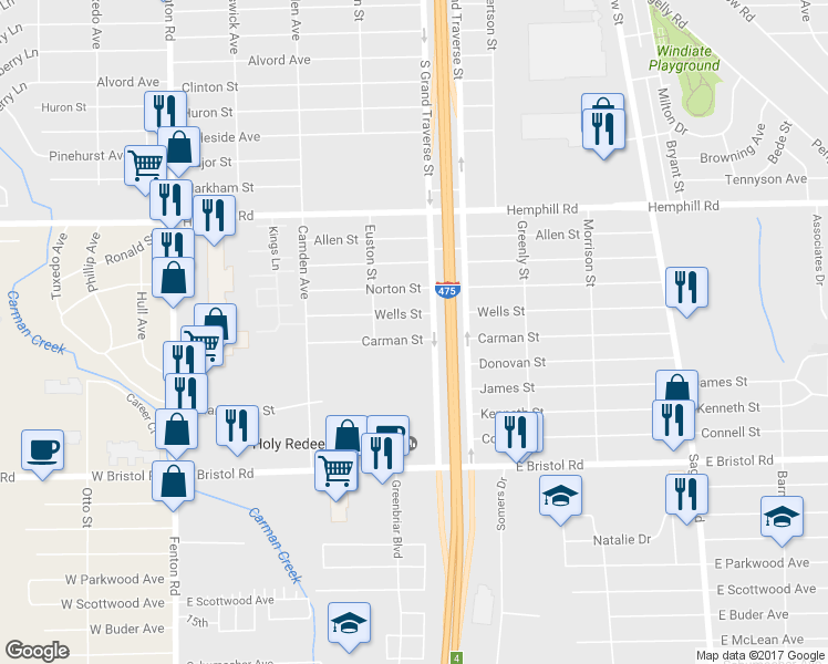 map of restaurants, bars, coffee shops, grocery stores, and more near 1255 Carman Street in Burton