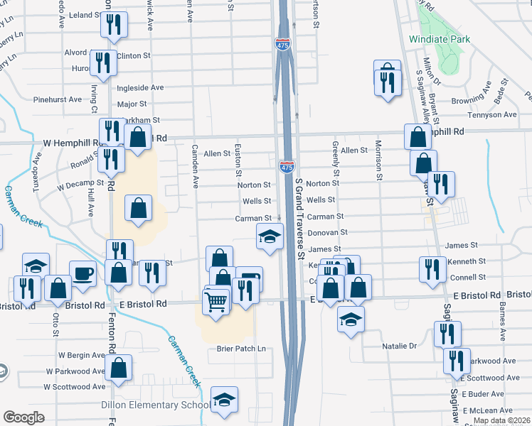 map of restaurants, bars, coffee shops, grocery stores, and more near 1255 Carman Street in Burton