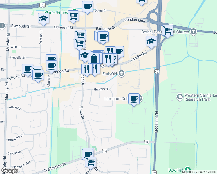 map of restaurants, bars, coffee shops, grocery stores, and more near 781 Brescia Court in Sarnia