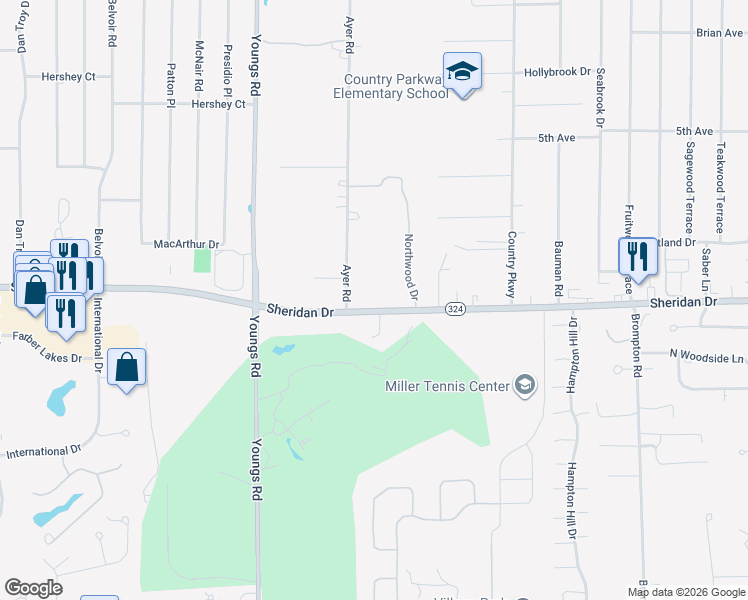 map of restaurants, bars, coffee shops, grocery stores, and more near 5760 Sheridan Drive in Buffalo