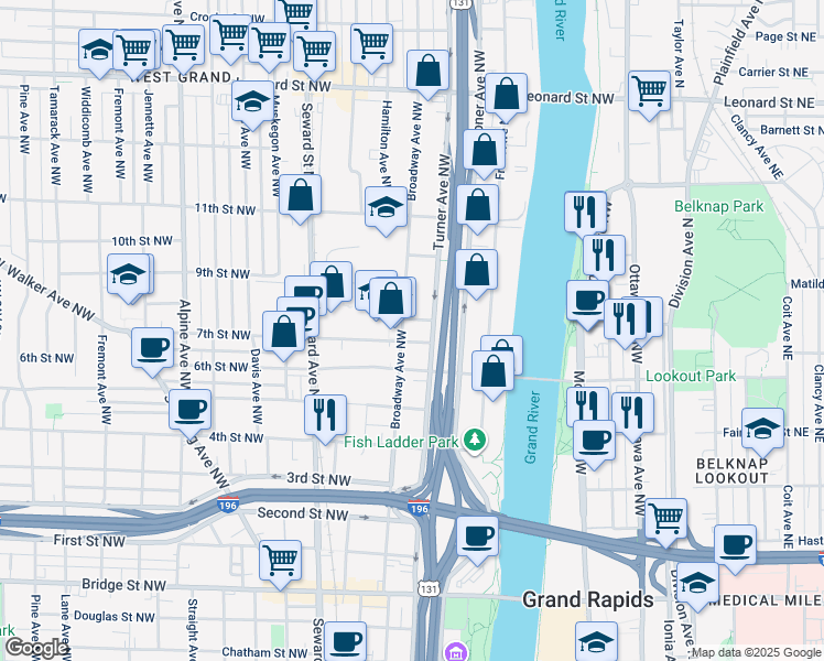 map of restaurants, bars, coffee shops, grocery stores, and more near 809 Turner Avenue Northwest in Grand Rapids