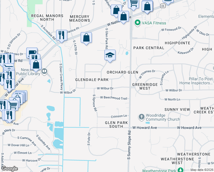 map of restaurants, bars, coffee shops, grocery stores, and more near 14270 West Wilbur Drive in New Berlin