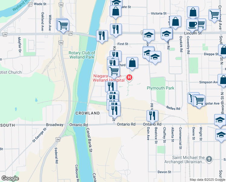 map of restaurants, bars, coffee shops, grocery stores, and more near 595 King Street in Welland