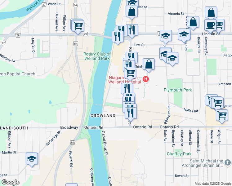 map of restaurants, bars, coffee shops, grocery stores, and more near in Welland