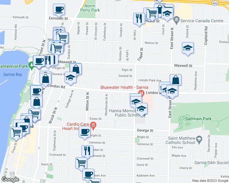 map of restaurants, bars, coffee shops, grocery stores, and more near 351 London Road in Sarnia