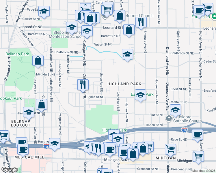 map of restaurants, bars, coffee shops, grocery stores, and more near 840 Benson Avenue Northeast in Grand Rapids