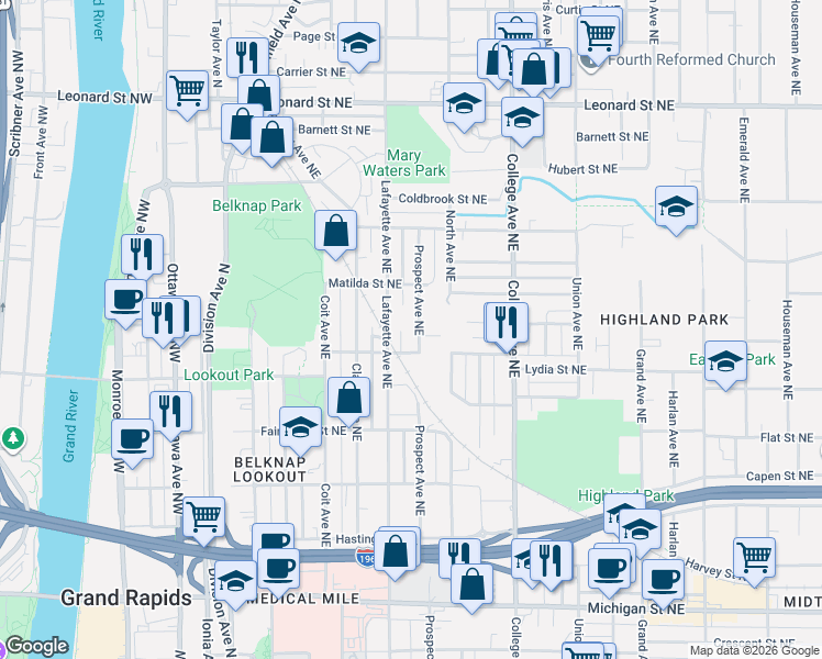 map of restaurants, bars, coffee shops, grocery stores, and more near 814 Prospect Avenue Northeast in Grand Rapids