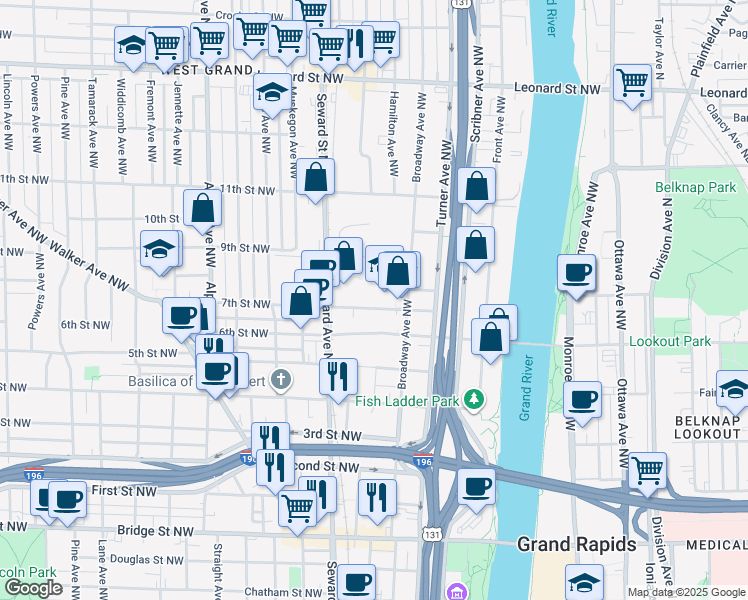map of restaurants, bars, coffee shops, grocery stores, and more near 801 Broadway Avenue Northwest in Grand Rapids