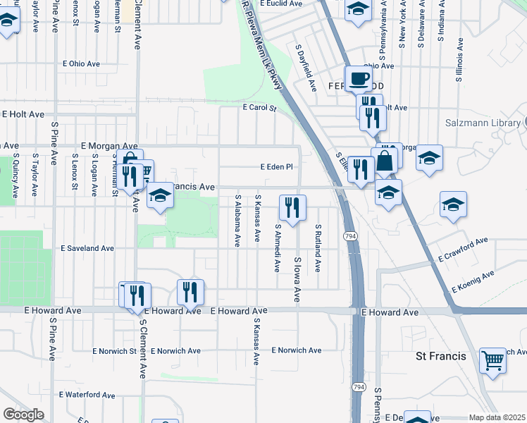 map of restaurants, bars, coffee shops, grocery stores, and more near 3656 South Kansas Avenue in Saint Francis