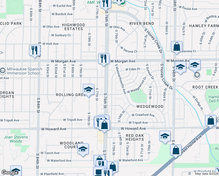 map of restaurants, bars, coffee shops, grocery stores, and more near 3659 South 76th Street in Milwaukee