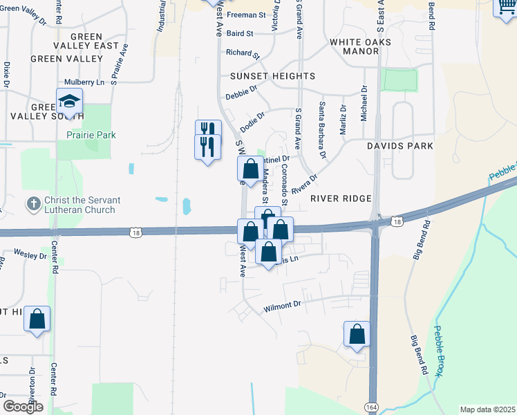 map of restaurants, bars, coffee shops, grocery stores, and more near 2042 Madera Street in Waukesha