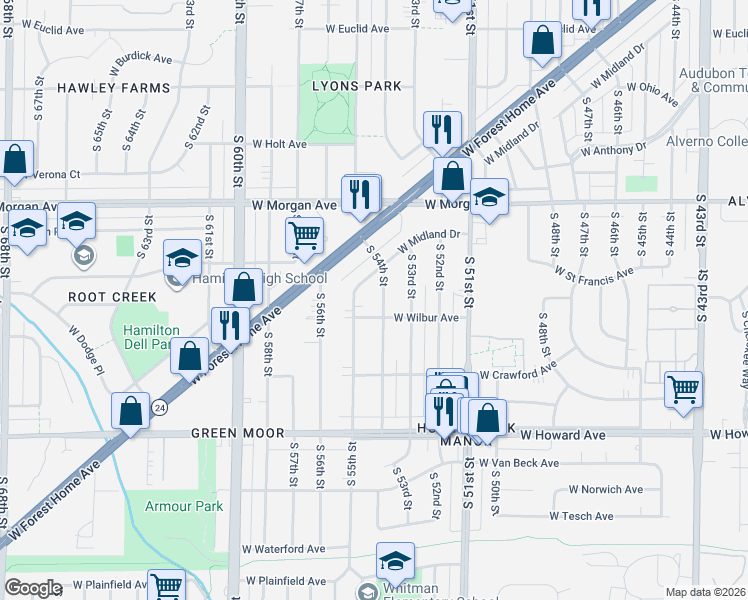 map of restaurants, bars, coffee shops, grocery stores, and more near 3654 South 55th Street in Milwaukee