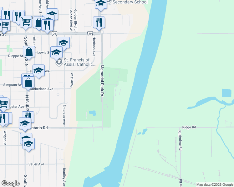 map of restaurants, bars, coffee shops, grocery stores, and more near 334 Viger Drive in Welland