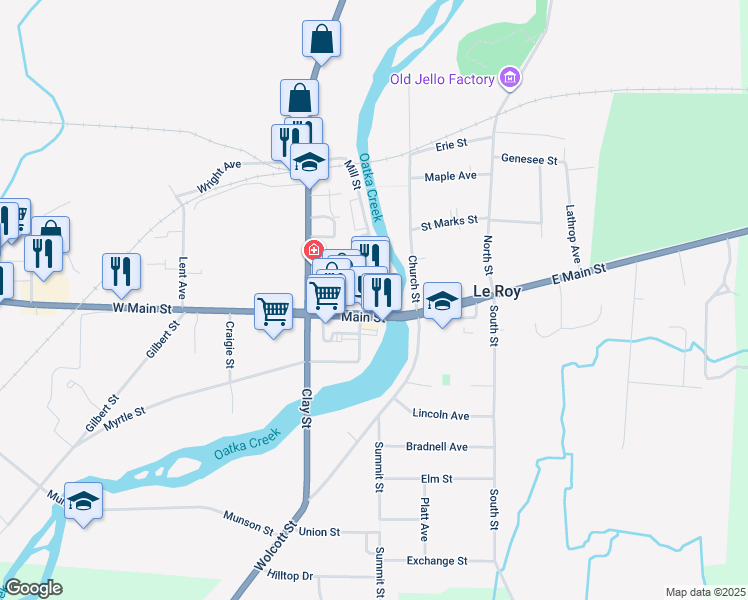 map of restaurants, bars, coffee shops, grocery stores, and more near 3 1/2 Mill Street in Le Roy