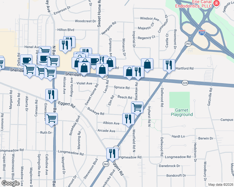 map of restaurants, bars, coffee shops, grocery stores, and more near 67 Elm Road in Buffalo