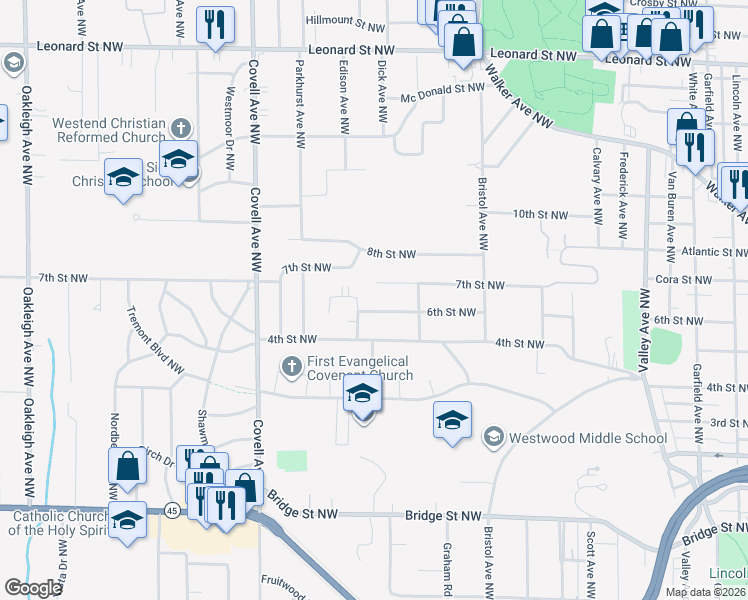 map of restaurants, bars, coffee shops, grocery stores, and more near 1741 6th Street Northwest in Grand Rapids