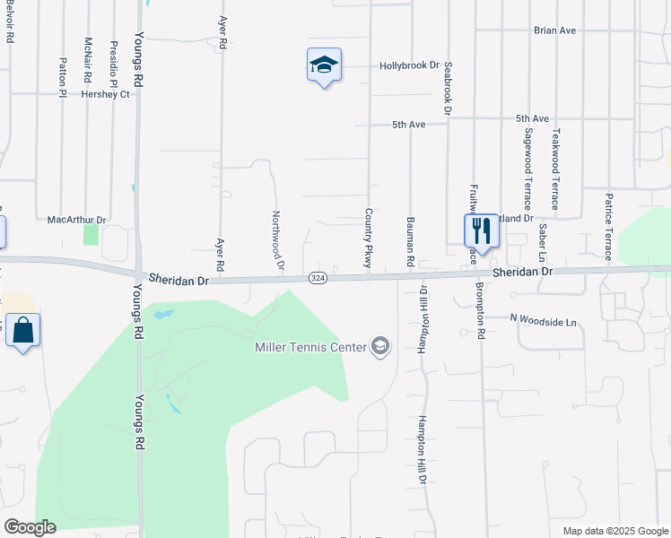 map of restaurants, bars, coffee shops, grocery stores, and more near 5868 Sheridan Drive in Buffalo