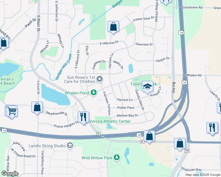 map of restaurants, bars, coffee shops, grocery stores, and more near 731 Whalen Rd in Verona