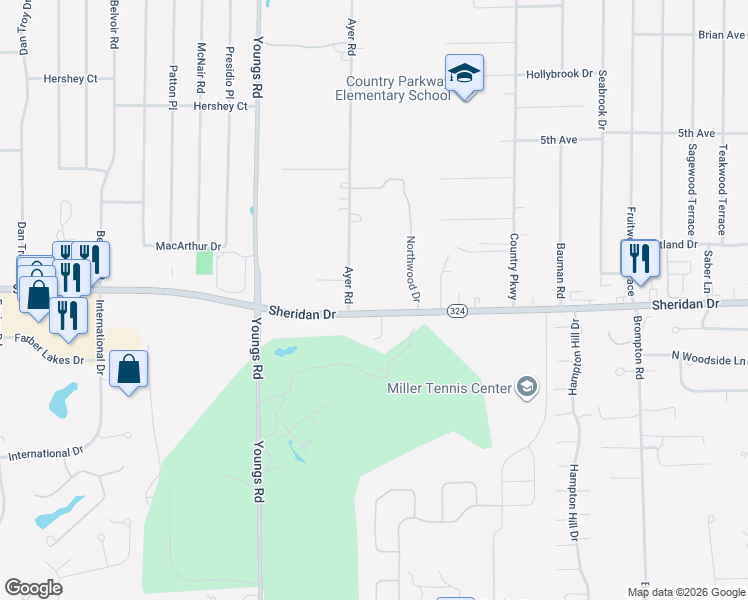 map of restaurants, bars, coffee shops, grocery stores, and more near 5760 Sheridan Drive in Buffalo