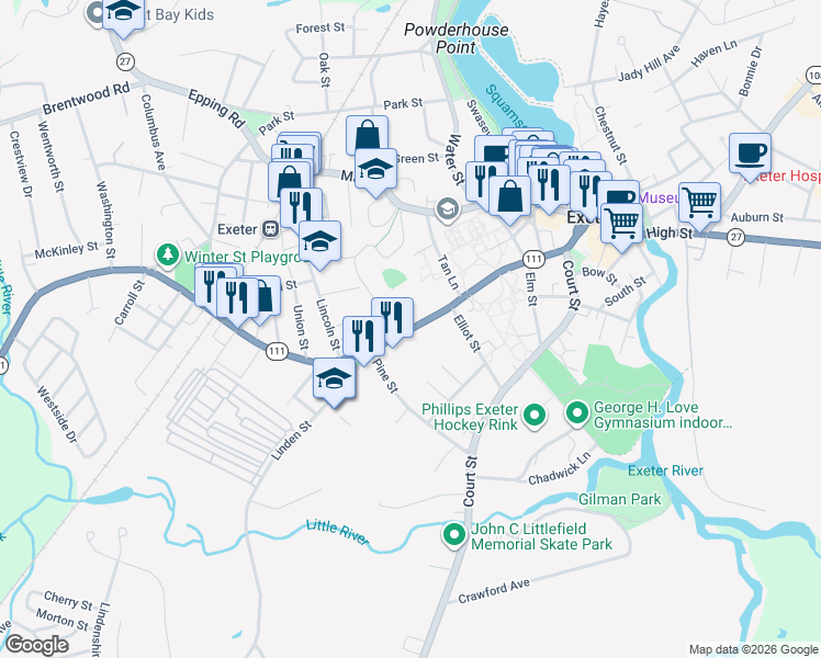 map of restaurants, bars, coffee shops, grocery stores, and more near 80 Front Street in Exeter