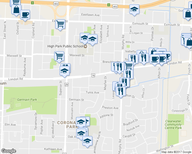 map of restaurants, bars, coffee shops, grocery stores, and more near 1023 London Road in Sarnia