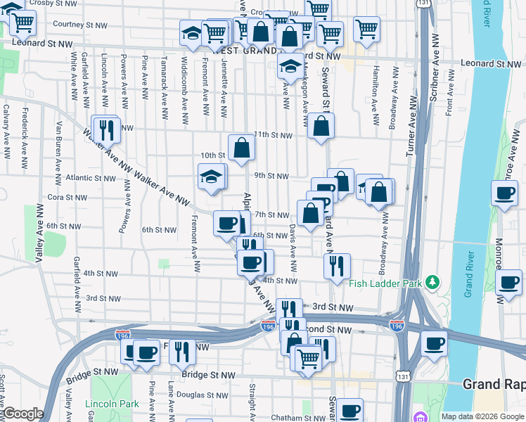map of restaurants, bars, coffee shops, grocery stores, and more near 751 7th Street Northwest in Grand Rapids
