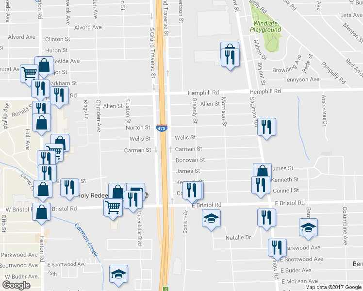 map of restaurants, bars, coffee shops, grocery stores, and more near 1331 Carman Street in Burton