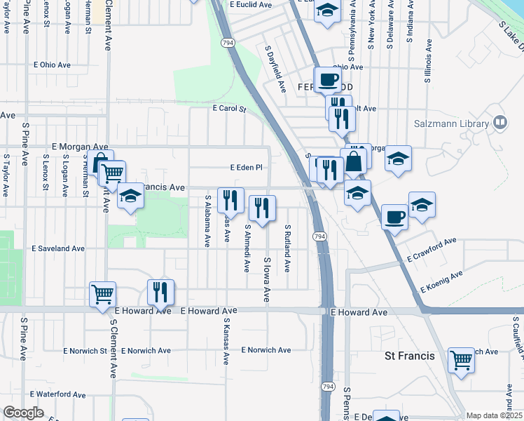 map of restaurants, bars, coffee shops, grocery stores, and more near 3653 South Iowa Avenue in Saint Francis