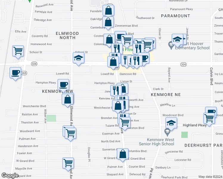 map of restaurants, bars, coffee shops, grocery stores, and more near 21 June Road in Buffalo