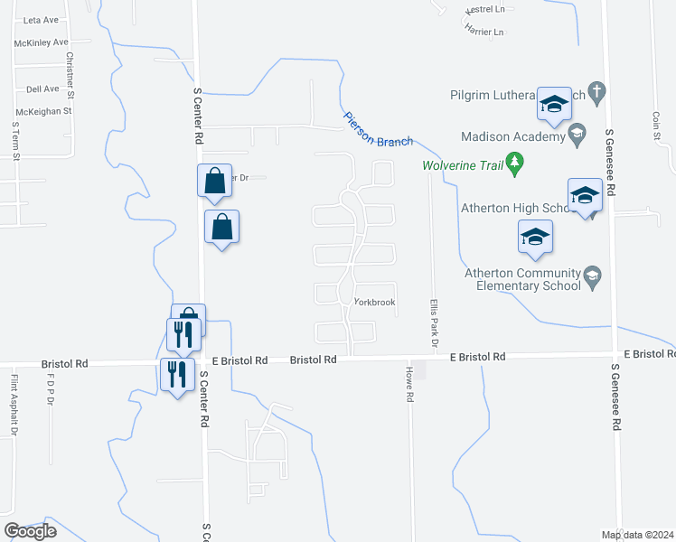 map of restaurants, bars, coffee shops, grocery stores, and more near 3420 Creekside Boulevard in Burton