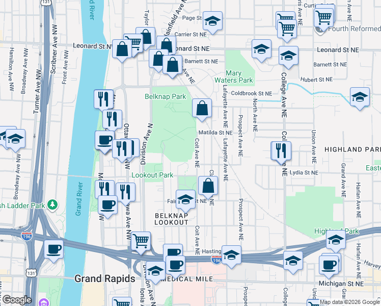 map of restaurants, bars, coffee shops, grocery stores, and more near 836 Livingston Avenue Northeast in Grand Rapids
