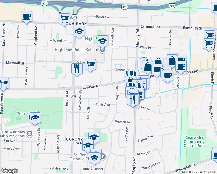 map of restaurants, bars, coffee shops, grocery stores, and more near 1023 London Road in Sarnia