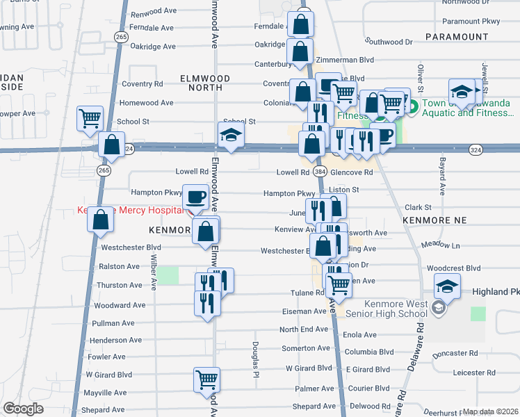 map of restaurants, bars, coffee shops, grocery stores, and more near 101 June Road in Buffalo