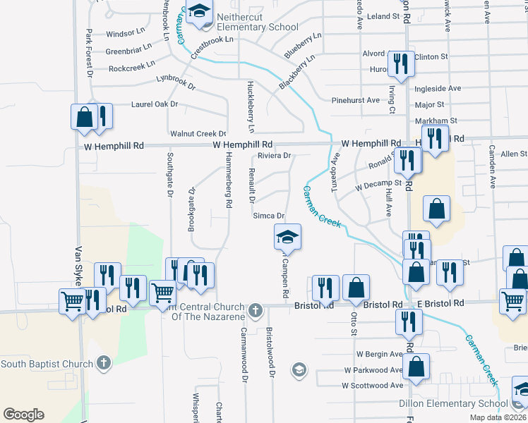 map of restaurants, bars, coffee shops, grocery stores, and more near 1234 Simca Drive in Flint