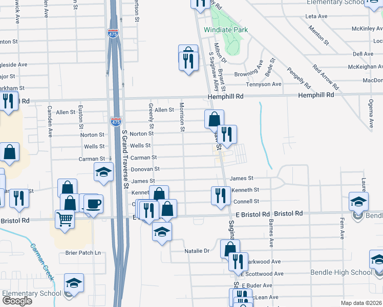 map of restaurants, bars, coffee shops, grocery stores, and more near 1453 Carman Street in Burton