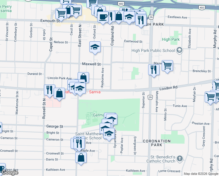map of restaurants, bars, coffee shops, grocery stores, and more near 800 London Road in Sarnia